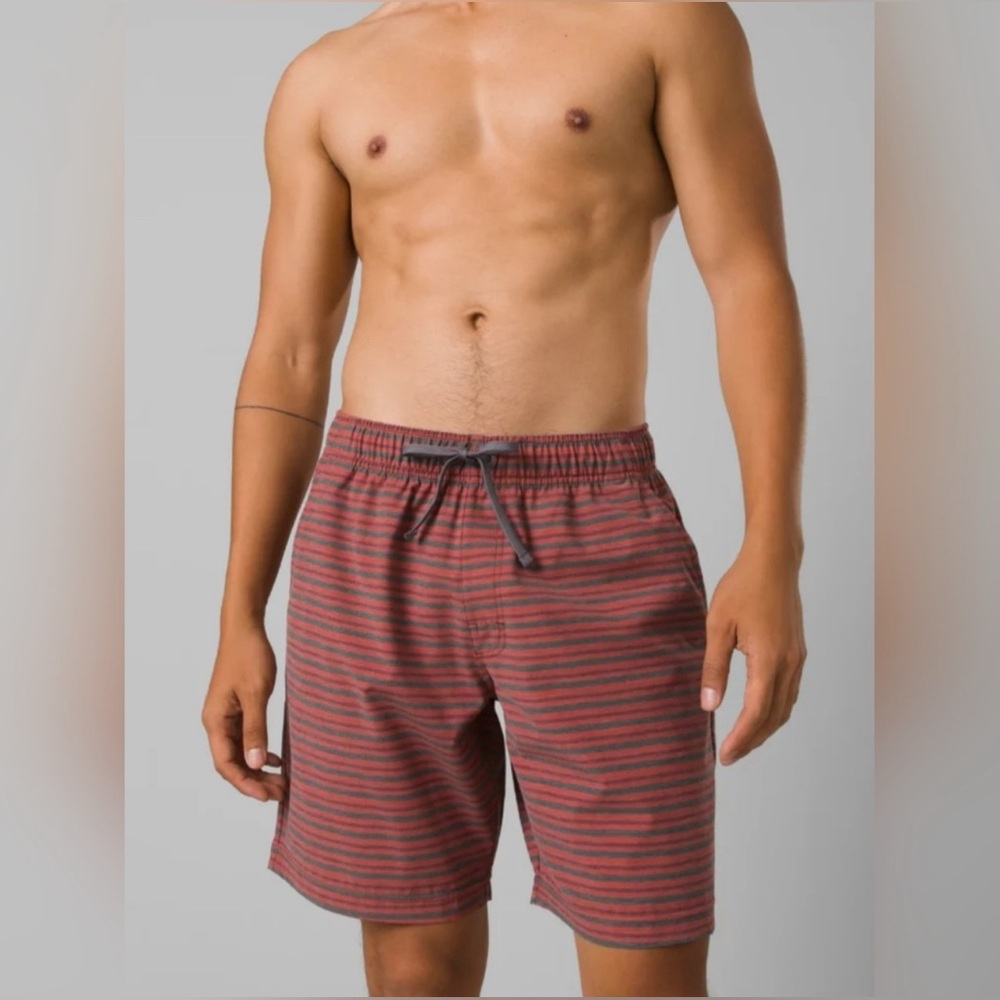PrAna Men's Small Pull On Metric E-Waist Board Stretch 8" Shorts Rust Stripe NWT